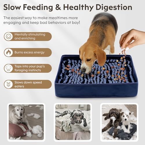 FunFurry Snuffle Mat for Dogs, Dog Puzzle Mat, Interactive Dog Toys for Enrichment,Sniff Mats with Non-Slip Backing,Portable Design Easy to Store (Navy, 14" X 12"-Portable)