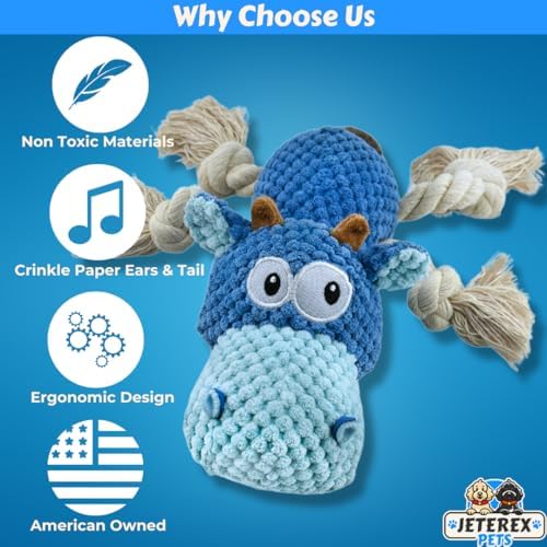 Large Dog Toy - Blue Cow Squeaky Dog Toys for Large Dogs, Medium and Small Dogs. Durable with Pineapple Plush Fabric, Rope Legs, Hidden Seams, Reinforced Stress Points, Embroidered Eyes