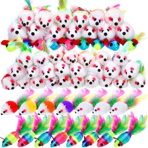 100 Pcs Furry Cat Toys Mice Bulk Rattle Sound Rainbow Mouse with Fuzzy Toys for Indoor Kitten Small Mouse Interactive Catch Play Assorted Color