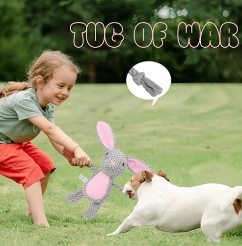 Plush Bunny Dog Toy, Squeaky Tug Toy with Rope Arms for Small Medium Dogs