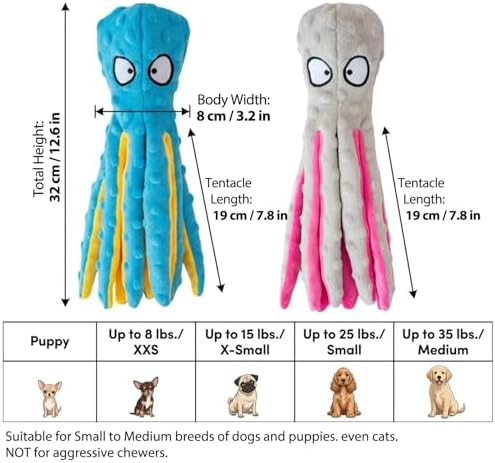 Squeaky Dog Toys, 2PCS Crinkle Octopus No Stuffing Plush Dog Toys