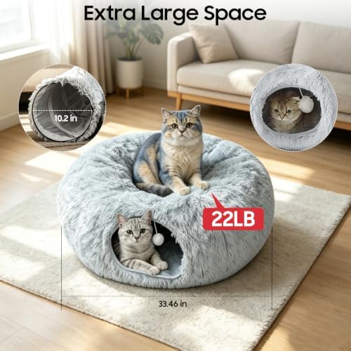 Cat Tunnel Bed for Indoor Cats, Peekaboo Cat Cave Donut Bed & Play Tunnel