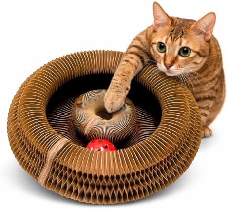 Kitty Curls Cat Toy | Magic Organ Accordion Cardboard Cat Scratcher for Indoor Cats | Foldable Circle Cat Toy with Bell Ball | Interactive Collapsible Cat Dancer Toy | Scratching Pad (Paw Face)