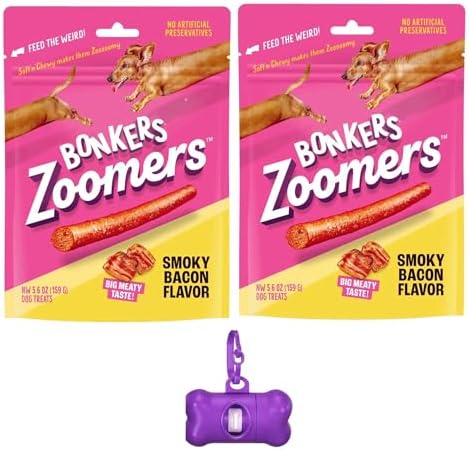 Bonkers Zoomers Smoky Bacon Flavor Soft & Chewy Treats for Dogs 5.6oz Bag (Pack of 2) with Bone Waste Bag Dispenser & Free Roll