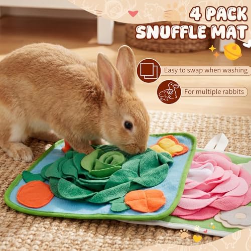 Yinkin 4 Pcs Rabbit Foraging Snuffle Mat for Small Animals Puzzle Toys Funny Interactive Nosework Feeding Mat for Bunny Hamsters Guinea Pigs Ferrets Chinchillas (13.8 x 13.8 Inches,Classic Style)
