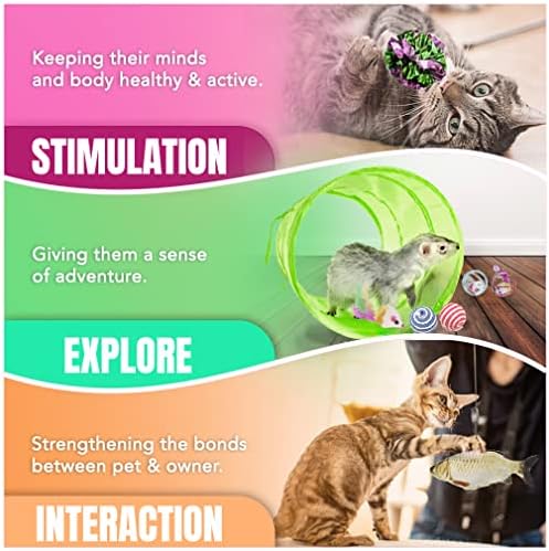 SunGrow Cat Tunnel and Assorted Activity Variety Pack, Interactive Kitten Accessories, for Indoors, Teaser Wand, Crinkle Balls, Bell Set, etc. (Assorted Toys, 30 Pieces)