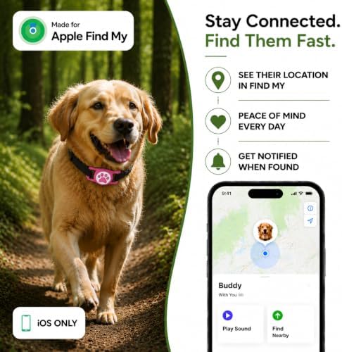 Dog Tracker with Apple Find My, GPS Pet Tracker for Dogs and Cats | Real-Time Location Tracking, No Monthly Fee or SIM Card, Waterproof Dog Collar Tracker with Holder, iOS Only Pet Locator
