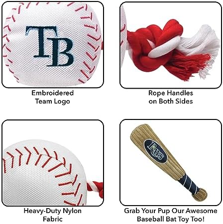 Pets First MLB Tampa Bay Rays Baseball Rope Toy for Dogs & Cats. Tough Nylon, Sporty Baseball Design, Heavy-Duty Ropes with Inner Squeaker