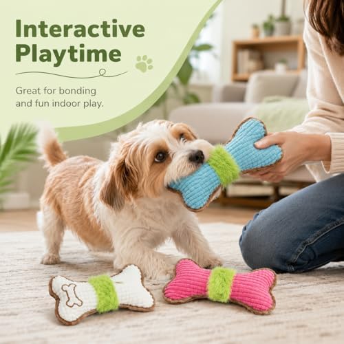 Calming Plush Toys for Dogs, 3 Packs Cute Bone-Shaped Squeaky Toys, Durable Puppy Chew Toy for Small, Medium Dogs