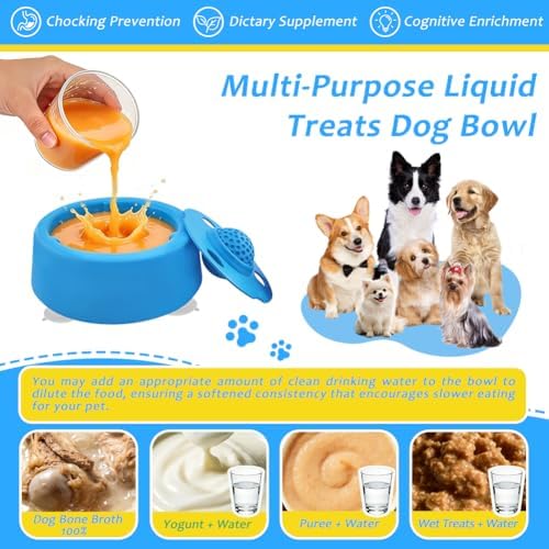 Slow Feeder Dog Bowls for Liquid Treat Dog Lick Bowl with Enrichment Rolling Ball Toy for Bone Broth Yogurt and Liquid and Thick Treat with Suction Cup Base for Small Medium Large Dogs