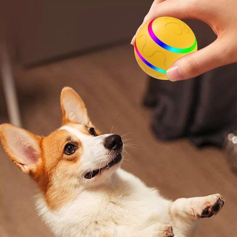Interactive Pet Ball Toy with Remote Paw Controller, Yellow, Electronic Dog/Cat Entertainment, Self-Rolling, USB Rechargeable, LED Light-Up Pet Toy for Dogs & Puppies.