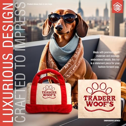 Traderr Woof's Squeaky Designer Dog Toy for Medium to Large Dogs – Soft Stuffed Plush with Squeaker, Embroidered Parody Dog Mom Gift for Dog Owners & Dog Lovers, 8"x6"