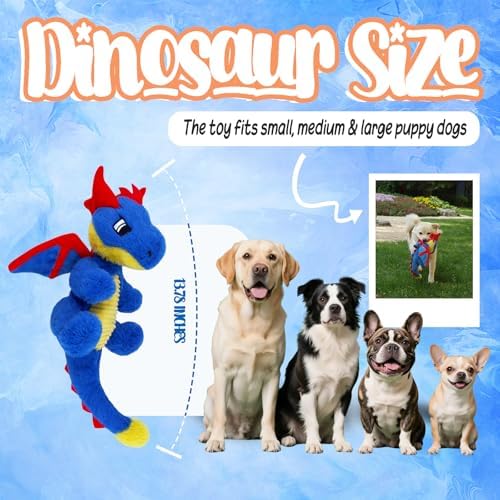 Original Blue Dinosaur Dog Toy - Soft Dog Toys Plush for Small Medium Large Dogs（13.78''） - Cute Dog Squeak Toys with 5 Crinckle Papers & 2 Squeakers
