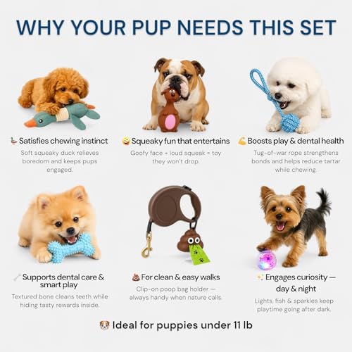 Puppy Toys for Small Dogs - 7 Pack Durable Chew and Teething Toys with Squeaky Plush, Interactive Dog Toys, LED Ball & Poop Bag Dispenser for Toy Breeds & Puppies Under 15 Lbs