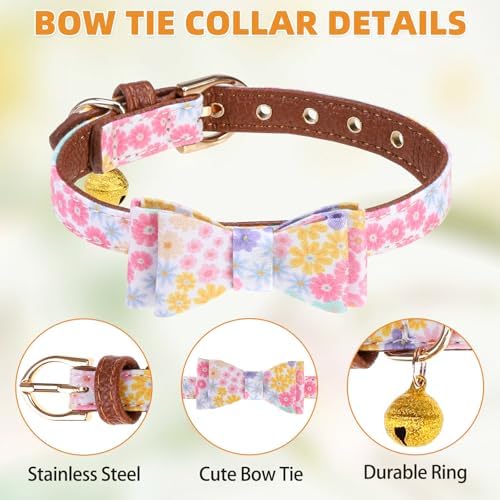 KOOLTAIL Summer Dog Collar and Leash Set with Bowtie and Bells - Cute Fancy Puppy Collar and Leash for Boy or Girl with Flower Pattern, Soft Leather Tangle Free Leashes for Small Dogs,Cats