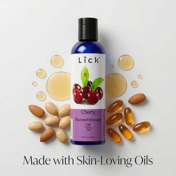 Lick Cherry Flavored Massage Oil – Bold Fruit Edible Massage Oil with Vitamin E, Rich Smooth Body-Safe Glide for Romantic Couples Massage Experiences, 4 oz