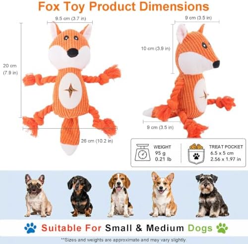 Dog Squeaky Chew Toy, Plush Crinkle Rope Dog Toy - Orange Fox