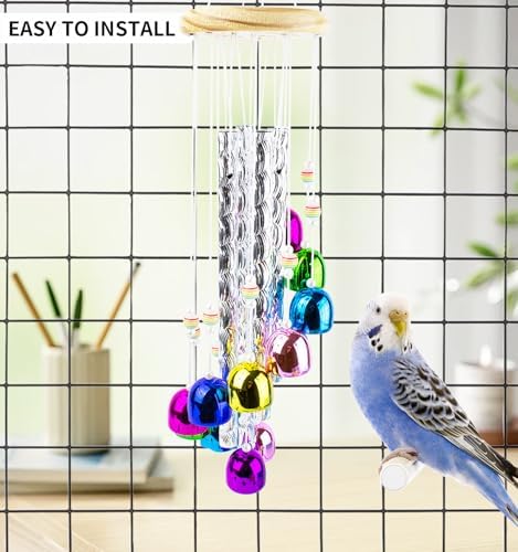 FlidRunest Bird Toys, Conure Wind Chimes Chewing Toy with Colorful Stick, Parakeet Toys 4 Aluminum Tubes 11 Bells, Parrot Cage Windchime Hanging Bells Toys for Conure, Parakeet, Cockatiel