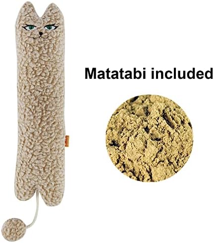 TTcat 14.6 Inch Large Curly Plush Pillow Cat Kicker Toy with Catnip Silvervine Powder, Soft Stuffed Cat Chew Toy with Tail, Interactive Toy for Indoor Cats and Kittens(Beige).