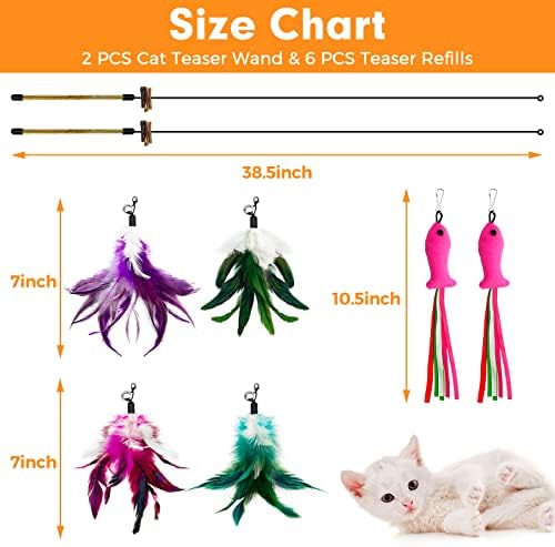 Cat Wand Toys with Silvervine and Bells, 2 Wands and 6 Refills
