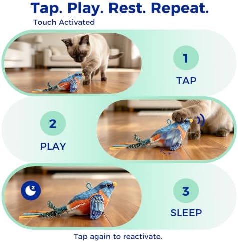 Interactive Flapping Bird Cat Toy for Indoor Cats, Auto Chirping Cat Toys, Touch Activated Rechargeable Self Play for All Breeds Cat Kicker Toys, with 5 Bird Covers and Catnip Pouches
