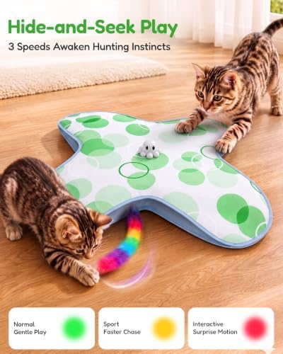 PetsBusy Automatic Hide &Seek Interactive Cat Toys for Indoor Cats,[Week-Long Big Battery] Rechargeable Smart Touch-Activated Kitten Toy with Moving Rainbow Tail for Bored Adult Cats,
