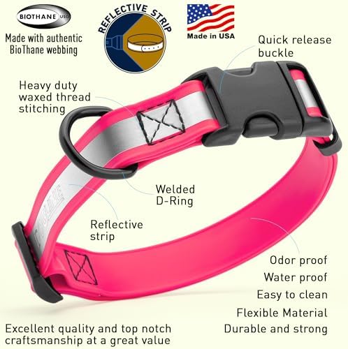 Dogline BioThane Reflective Dog Collar – Waterproof Heavy Duty Dog Collars – High Visibility Quick Release Dog Collar with Sturdy Buckle – Fun Modern Colors – Comfortable and Safe