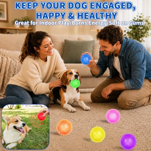 16 Pcs 3.5 In Light Up Squeaky Dog Balls 8 Colors LED Spiky Dog Toy Ball Glow in The Dark Interactive Fetch Ball TPR Bouncy Floating Toy for Aggressive Chewers Small Medium Large Dogs Indoor Outdoor