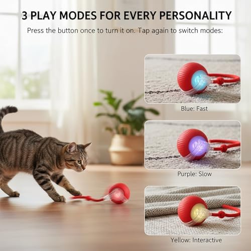 Interactive Cat Toys Ball for Cats - Upgrade Automatic Cat Toys for Indoor Cats, 3 Modes 2 Speed Moving Cat Ball with Dragonfly Feathers 2PCS (Red Blue)