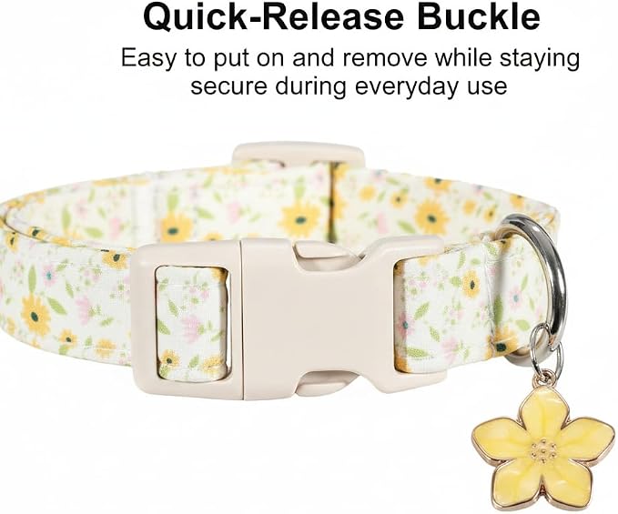 Dog Collar, Unique Floral Dog Collar Girl, Spring Summer Design Pet Collar with Cute Charm, Quick Release Buckle and Durable Fabric, Suitable for Small, Medium and Large Dogs