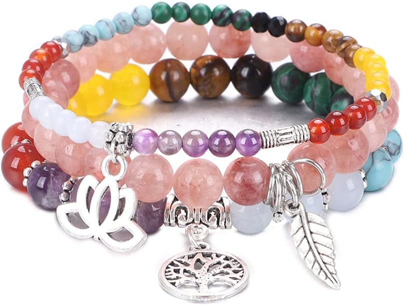 UEUC Tree of Life Yoga Healing Stone Bracelets,Multilayer Lotus Chakra Stone Reiki Bracelet Sets,Anxiety Crystal Natural Stone,for Women Stress Relief