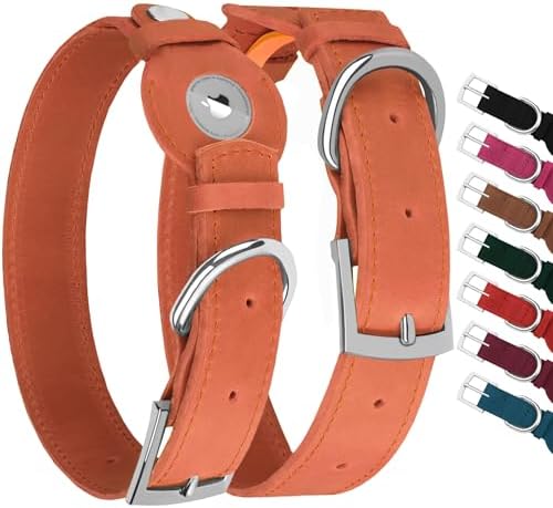 Leather Dog Collar with Airtag Holder - Apple Air Tag Dog Collars - Soft Tracking GPS Pet Collar for Small Medium Large Dogs Breed Puppy (Tawny, M, 12"-15" Neck Fit)