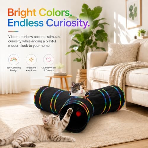 Cat Tunnels Tube Toy with Plush Ball & Cat Wand Feather Toys-Portable Tattaff Waterproof Washable-Interesting Geometric Pattern Collapsible-3 Way Black Rainbow