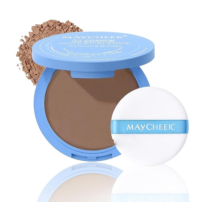 Maycheer Lasting Waterproof Face Powder - 8 Shades Compact, Oil Control Matte Finish, as Foundation & Primer, For All Skin (#08 Grayish Brown)