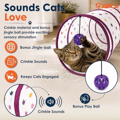 ASPCA Cat Tunnel with Rattle Toy, Interactive Collapsible Cat Tunnel for Indoor Cats, Crinkle Play Tunnel with Hanging Rattle Toy, for Hiding, Chasing, Pouncing & Active Play, Silhouette Printed