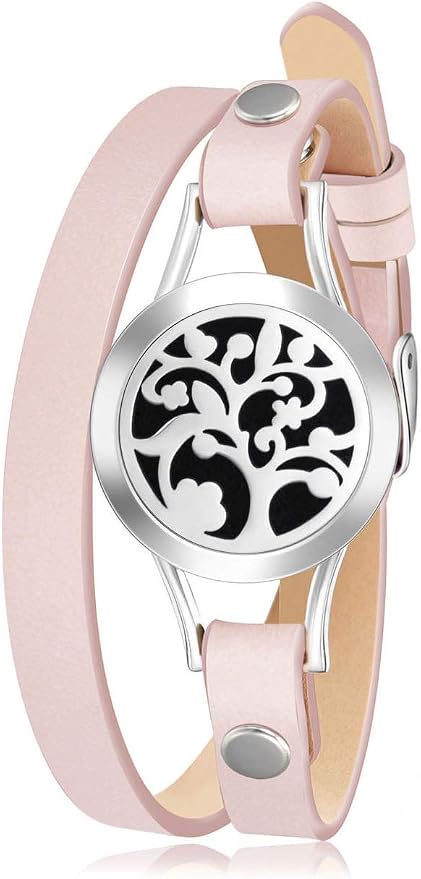 Wild Essentials Arbol Tree Essential Oil Bracelet Diffuser, Leather Wrap Band, Stainless Steel Locket Pendant, 12 Color Refill Pads, Customizable Color Changing Perfume Jewelry for Aromatherapy, Pink