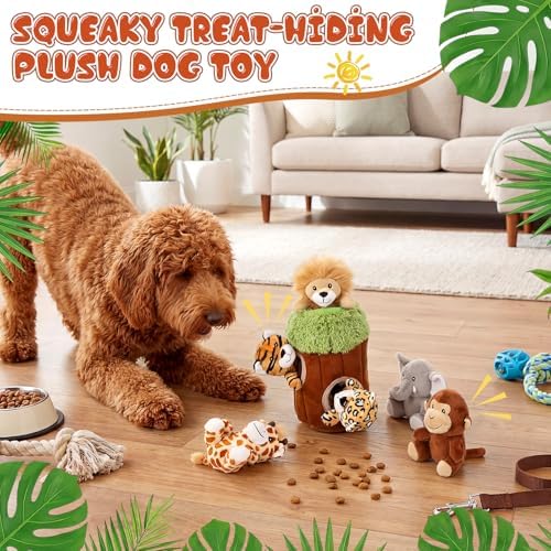 Skylety 7 Pieces Hide and Seek Dog Toys Activity Puppy Chew Squeaky Toys Plush Stuffing Burrow Woodland Stuffing with Squeakers for Small Medium Pets Dogs Puppy Gift(Lovely,Medium)