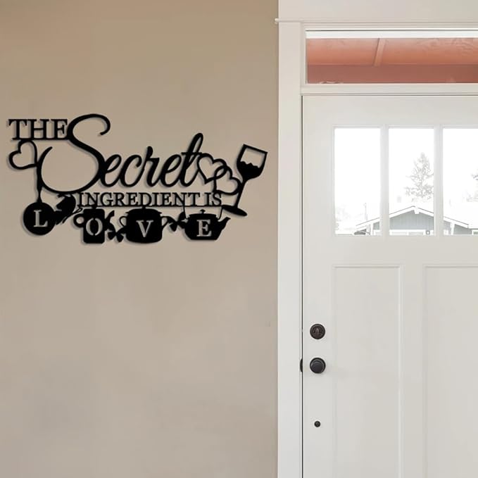 XORT The Secret Ingredient is Love Metal Wall Art Sign, Farmhouse Dining Room Kitchen Wall Decor Housewarming Gift Counter Pantry Sign (Black -16 x 8 inch)