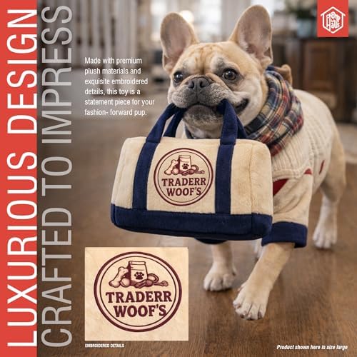 Traderr Woof's Squeaky Designer Dog Toy for Medium to Large Dogs – Soft Stuffed Plush with Squeaker, Embroidered Parody Dog Mom Gift for Dog Owners & Dog Lovers, 8"x6"