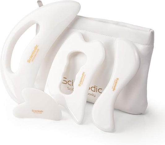 Scienlodic 4 Pcs Gua Sha Massage Tools for Face & Body (White, Resin) - Guasha Scraping Tool for Jawline Contouring, Puffiness Reduction, Neck, Back, Legs & Muscle Relaxation