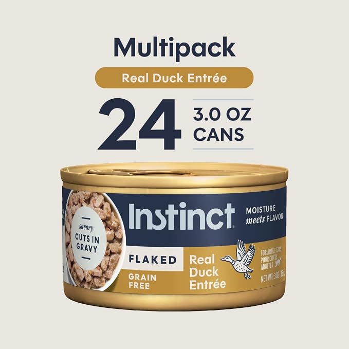 Instinct Flaked Entrees, Wet Canned Cat Food, Duck, 3 oz. (24 Count) | Tender flaked cuts in savory gravy, high protein, real duck, whole-food ingredients, grain-free, hydration support