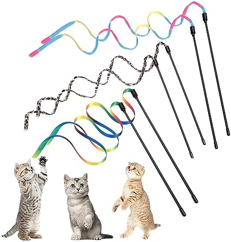 Amaxiu Cat Wand Toy Set, Interactive Cat Wand Toys with Rainbow and Leopard Print Cloth Strings for Small Cats and Kittens - Indoor Training Catcher (6 Packs)