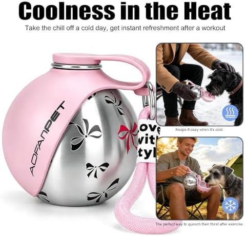 Portable Dog Water Bottle 10oz Stainless Steel Travel Dog Water Dispenser with Bowl No-Spill Puppy Water Bottle for Walking Hiking Small Dog Water Bottle (Pink Bow Print)