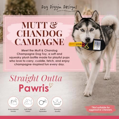 Dog Diggin Designs Mutt & Chandog Champagne Plush Dog Toy – Large | Luxury-Inspired Parody Champagne Bottle Dog Toy with Squeaker, Soft Plush Novelty Dog Toy – Shaken, Not Stirred!