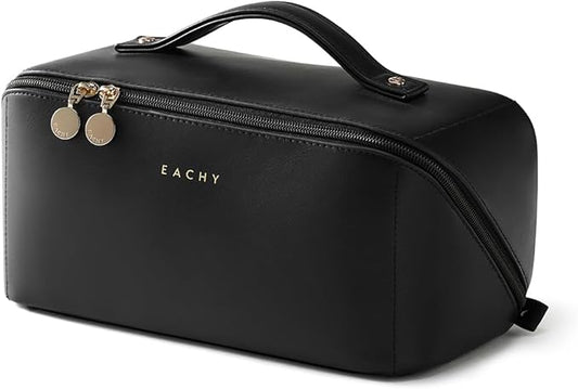 EACHY Travel Makeup Bag, Large Capacity Cosmetic Bag for Women, Waterproof PU Leather, Flat Open Portable Toiletry Bag for Skincare, Brushes & Travel Essentials