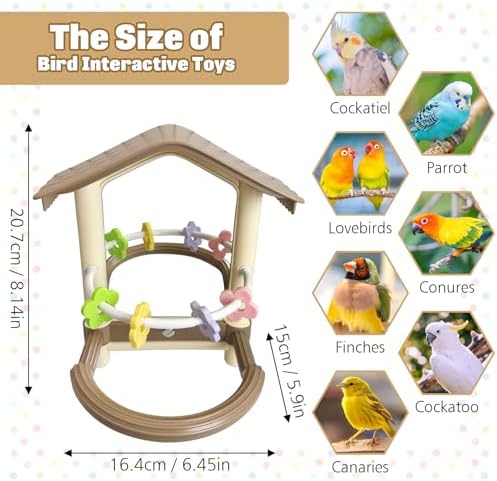 kathson Bird Mirror with Plastic Perch and 5PCS Colorful Rattan Balls Parakeet Hanging Swing with Mirror Interactive Toy Bird Cage Accessories for Cockatiel Parrot Conures Cockatoo Finch(Brown)