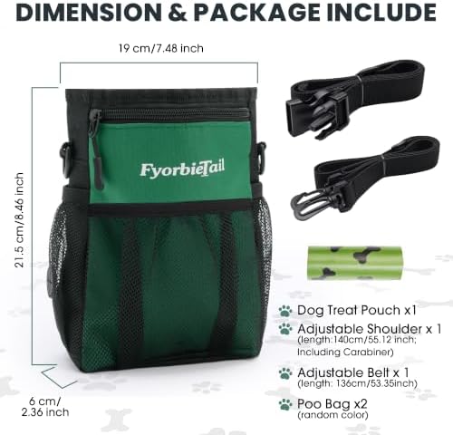 Dog Treat Pouch, 4 Cup Training Bag, Magnetic Closure, 3 Way Wear, Green | 600D waterproof Oxford fabric, multi pocket storage, zipper and mesh pockets, pull out poop bag dispenser, includes 2 rolls