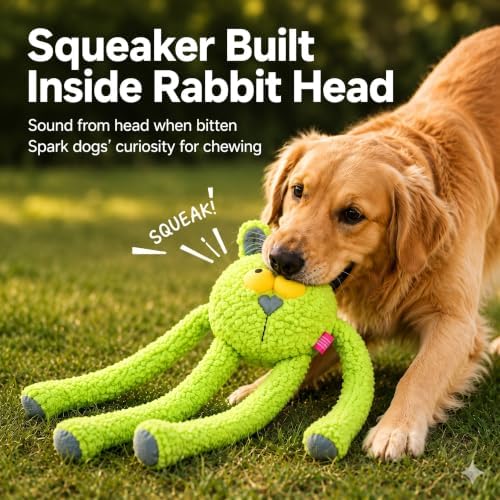 Squeaky Dog Plush Chew Toy, Interactive Tug Squeaky Toy for Chewers, Medium & Large Dogs, 31.5 Inch Stuffed Swinging Rabbit Toy with Stretchable Limbs for Gum Care & Boredom Relief, Neon-Green
