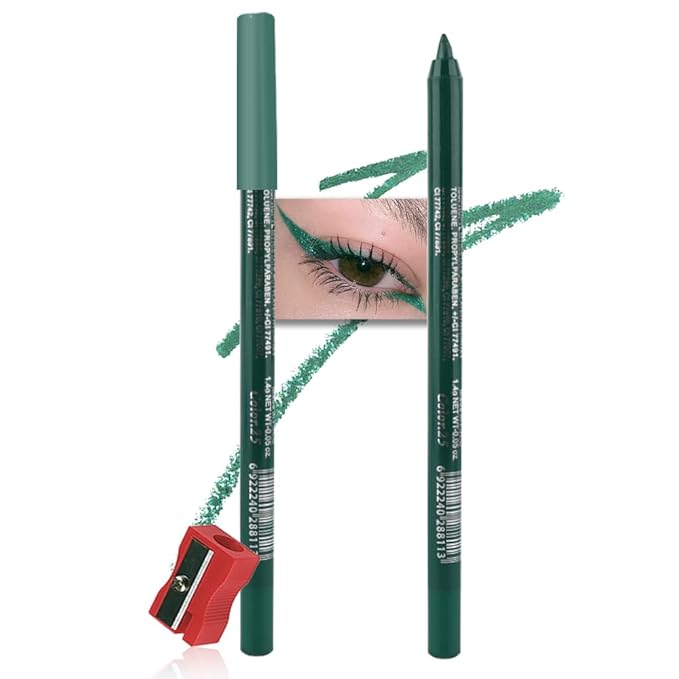 evpct Green Glitter Eyeliner Pencil for Eyes, Dark Forest Green Metallic Shimmer Eye Liner Pencil Makeup Waterproof Smudge Proof, Colored Gel Waterline Eyeliner, Face Eye Paint Stick Halloween Makeup