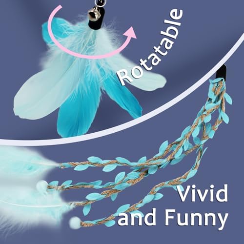 SONGWAY Cat Wand Toys for Indoor Cats - Cat Toy Set with Retractable Teaser Wand and 6 PCS Fairy Feather Toy Refills, Dragonfly Tassel Plush Cat Toys Interactive, Blue